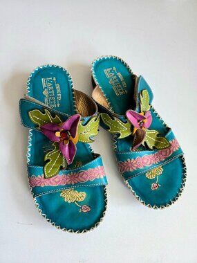 L'Artiste by Spring Step Riya Turquoise Leather Sandals with floral design.
